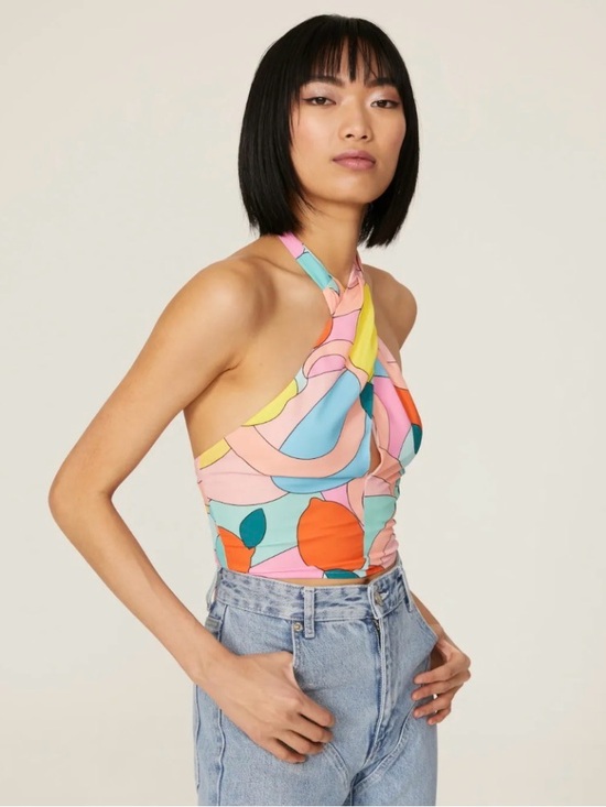 STAUD Tops - STAUD Multicolor Abstract Halter Crop Top - Pink, Blue, Yellow, Orange, Green